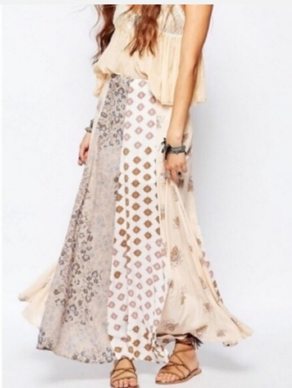 Free People Amazing Technicolor Patchwork Maxi Skirt Boho Cream Rayon SZ 8